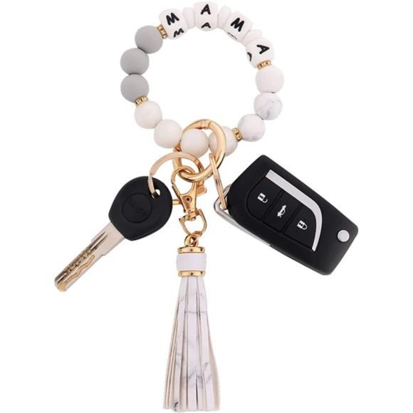 Silicone Beaded Bracelet Keychain Wristlet Key Ring Bangle Chains for Women - Picture 1 of 7